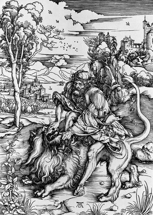 Albrecht Dürer, Simson bezwingt den Löwen (Deutsche Kunst,Löwe (Tier),Renaissance,Altes Testament,Bibel,Kampf Zwischen Mensch Und Tier,Jüdisch-Christlich,Starker Mann)