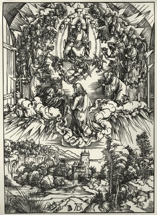 Albrecht Dürer, Johannes vor Gott und den Ältesten (Christentum,Deutsche Kunst,Religion,Renaissance,Neues Testament,Bibel,Gottvater,Apokalypse,Himmelreich,Illustration,Buchillustration)