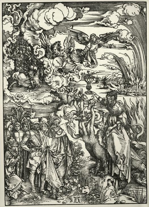 Albrecht Dürer, Die babylonische Buhlerin auf dem siebenköpfigen Ungeheuer (Christentum,Deutsche Kunst,Religion,Renaissance,Neues Testament,Bibel,Apokalypse,Illustration,Babylonische Hure,Buchillustration)