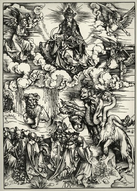 Albrecht Dürer, Der siebenköpfige Drache und das Tier mit den Widderhörnern (Christentum,Deutsche Kunst,Religion,Renaissance,Neues Testament,Bibel,Gottvater,Apokalypse,Illustration,Buchillustration,Drache (Fabelwesen))