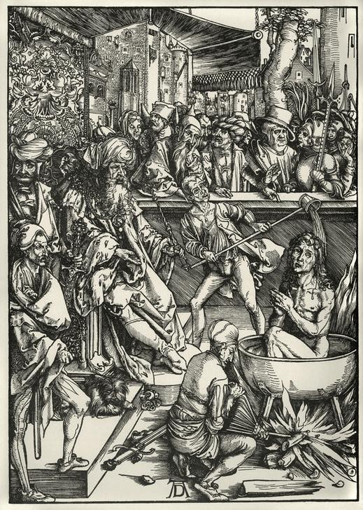 Albrecht Dürer, Die Marter des Evangelisten Johannes (Christenverfolgung,Christentum,Deutsche Kunst,Hinrichtung,Religion,Renaissance,Neues Testament,Bibel,Martyrium,Illustration,Buchillustration)