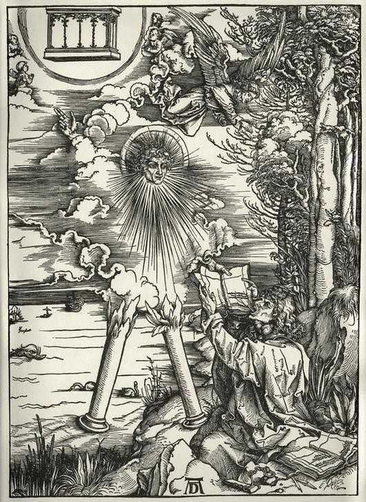 Albrecht Dürer, Johannes verschlingt das Buch (Christentum,Deutsche Kunst,Religion,Renaissance,Neues Testament,Bibel,Apokalypse,Illustration,Buchillustration)