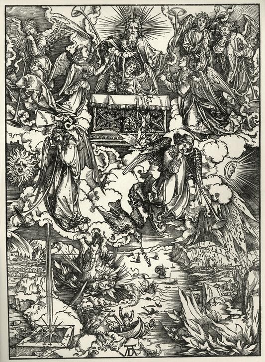 Albrecht Dürer, Die sieben Posaunenengel (Christentum,Deutsche Kunst,Engel,Religion,Posaune,Renaissance,Neues Testament,Bibel,Apokalypse,Illustration,Buchillustration)