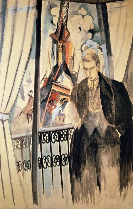 Robert Delaunay, Portrait of Philippe Soupault (Architektur,Balkon,Fenster,Himmel (Natur),Kunst,Wolke,Portrait,Poesie,Vorhang,Hände In Den Hosentaschen,Blonde Haare,Kontemplation,Konzentration)