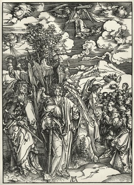 Albrecht Dürer, Die vier Windengel und die Versiegelung der Auserwählten (Christentum,Deutsche Kunst,Engel,Religion,Renaissance,Neues Testament,Bibel,Wind,Apokalypse,Illustration,Buchillustration)