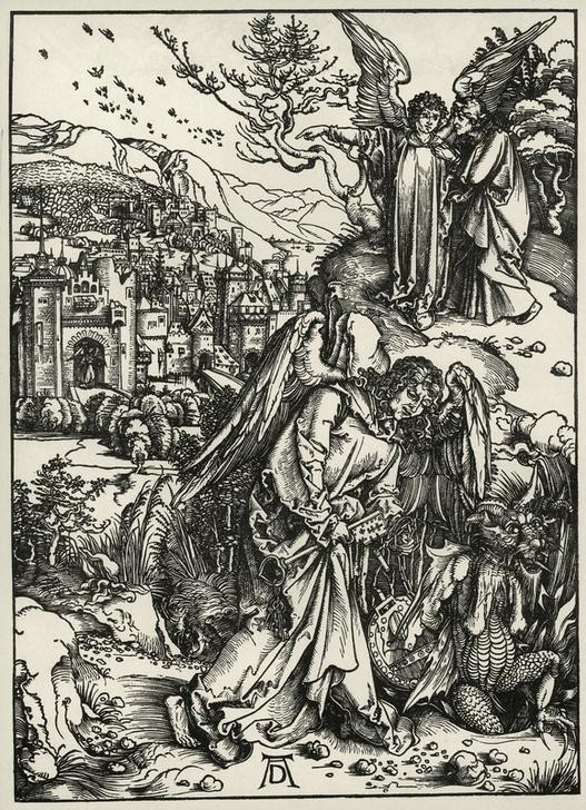 Albrecht Dürer, Der Engel mit dem Schlüssel zum Abgrund (Christentum,Deutsche Kunst,Engel,Religion,Renaissance,Neues Testament,Bibel,Schlüssel,Teufel,Hölle,Apokalypse)