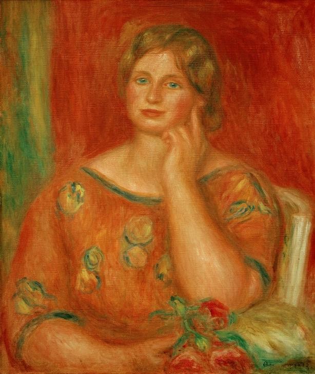 Pierre-Auguste Renoir, Gertrud Osthaus (Frau,Mensch,Impressionismus,Portrait,Blumenstrauss,Französische Kunst,Junge Frau,Heiterkeit,Vollschlank)