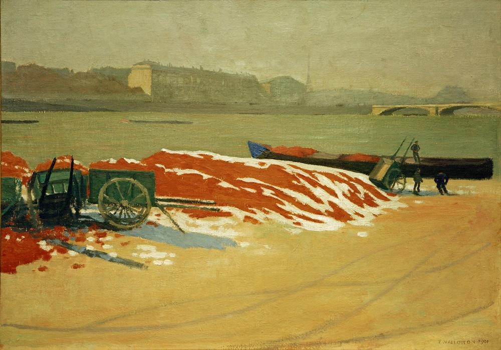 Felix Vallotton, Quai de Seine au sable rouge (Geographie,Jugendstil,Landschaft,Transport,Fluss,Lastkahn,Hafenarbeiter,Sand,Französische Kunst,Schweizerische Kunst,Binnenschiffahrt,Karren,Nabis,Jahrhundertwende,Flusschiffahrt,Topographie,Quai)