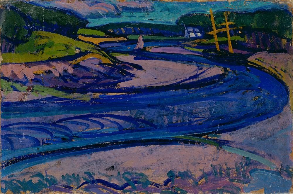Gino Rossi, Canal in Brittany (Landschaft, Fluss, Flusslauf, Boot, Expressionismus, Malerei, klassische Moderne, Wohnzimmer, Büro, Wunschgröße, blau/rosa)