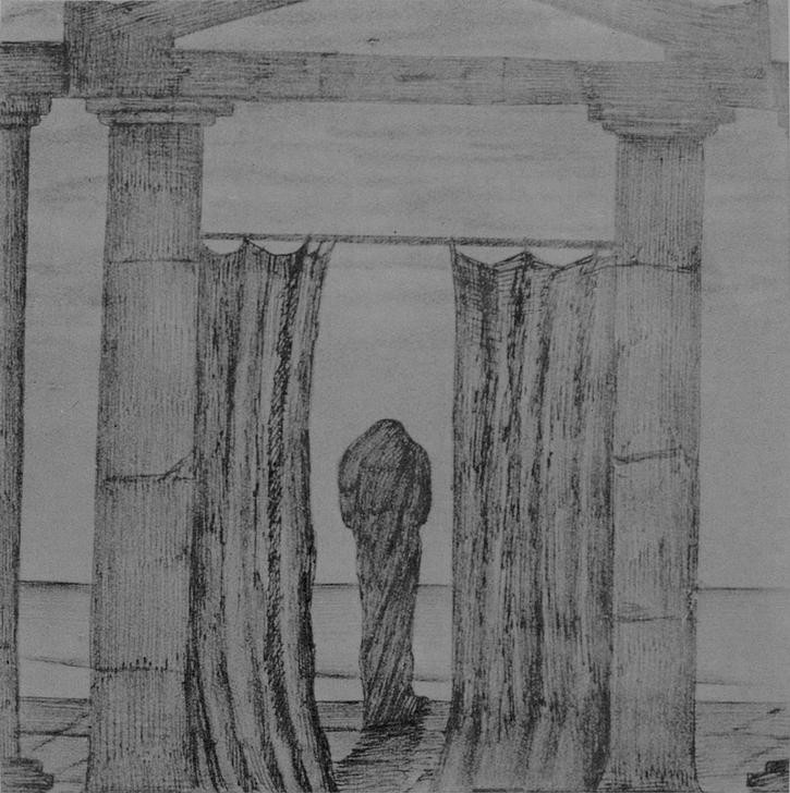 Alberto Savinio, Unbekannt (Tempe, Vorhang, Statue, Standbild, kopflos, Symbolik, Zeichnung, geometrische Formen, Surrealismus, Klassische Moderne, Wunschgröße, Wohnzimmer, schwarz/weiß)