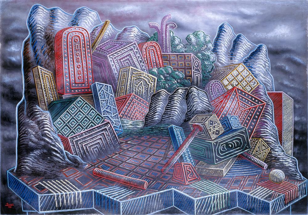 Alberto Savinio, Unbekannt (Insel, Scholle, Bauelemente, Schrauben, geometrische Formen, Surrealismus, Klassische Moderne, Wunschgröße, Wohnzimmer)