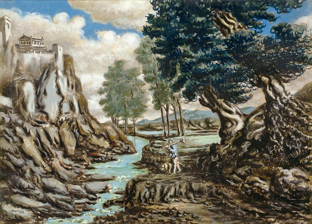 Alberto Savinio, Unbekannt (Landschaft, Gebirge, Felsen, Fluss, Baum, knorrig, Wanderer, Hund, Tempel, Schemen, Gesichter, Klassische Moderne, Wunschgröße, Wohnzimmer)