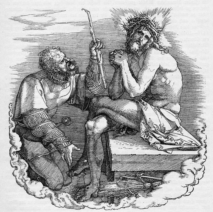 Albrecht Dürer, Schmerzensmann und Kriegsknecht (Christentum,Deutsche Kunst,Religion,Renaissance,Neues Testament,Bibel,Schmerzensmann,Dornenkrönung,Christi Verspottung,Titelseite,Passion Christi)