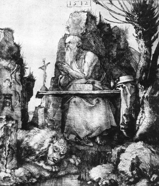 Albrecht Dürer, Der heilige Hieronymus neben dem Weidenbaum (Deutsche Kunst,Heilige,Löwe (Tier),Renaissance,Kirchenvater,Eremit,Busse)