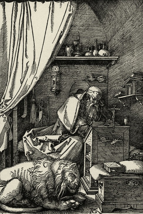 Albrecht Dürer, Der heilige Hieronymus in der Zelle (Arbeitszimmer,Deutsche Kunst,Heilige,Löwe (Tier),Wohnung,Renaissance,Regal,Kirchenvater,Interieur,Stundenglas,Übersetzung,Bibelübersetzung,Schreibpult,Haustier)