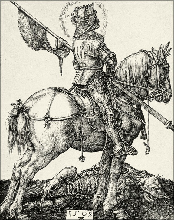 Albrecht Dürer, Der heilige Georg zu Pferde (Deutsche Kunst,Heilige,Ritter,Rüstung (Schutzkleidung),Reiter,Renaissance,Drache (Fabelwesen))