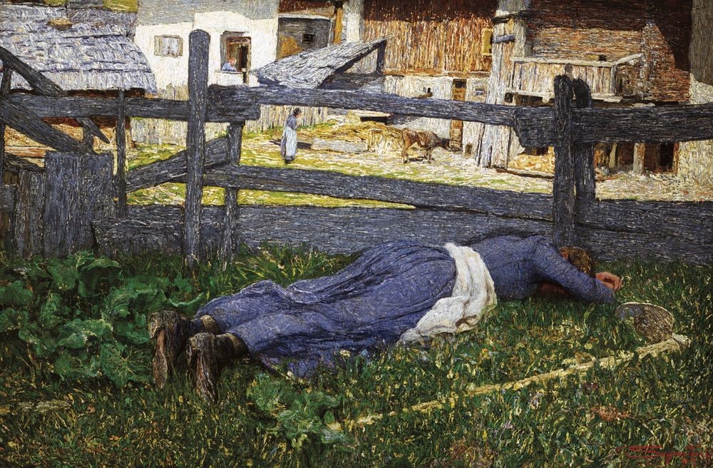 Giovanni Segantini, Riposo all’ombra (Frau, Müdigkeit, Erschöpfung,  Mittagsschlaf, Bäuerin, Landleben, Dorfleben, Landwirtschaft, Realismus, Malerei, klassische Moderne, Wunschgröße, Wohnzimmer)