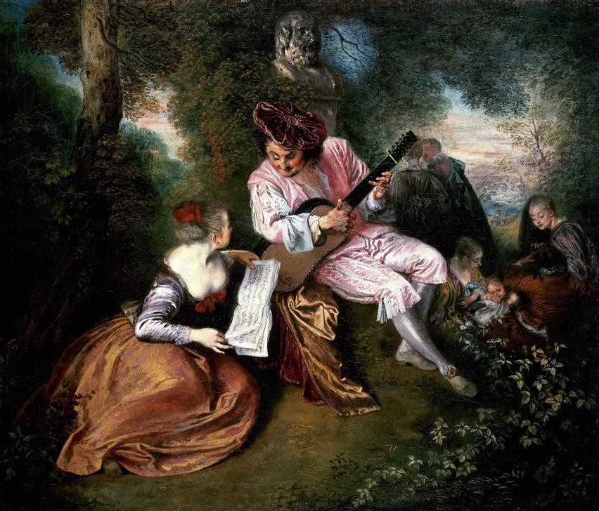 Jean-Antoine Watteau, Canción de amor (Liebespaar, Musizieren, Liebeslied, Rokoko, Wohnzimmer, Klassiker, Pastorale, Wunschgröße)