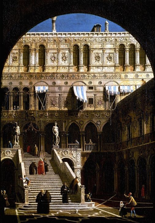 Giovanni Antonio Canaletto, Escalera de los Gigantes en el Palacio Duca (Städte, Venedig, Architektur,  Dogenpalast, Treppe der Giganten, Statuen, Mars, Neptun, Innenhof, Barock, Klassiker, Wunschgröße, Wohnzimmer)