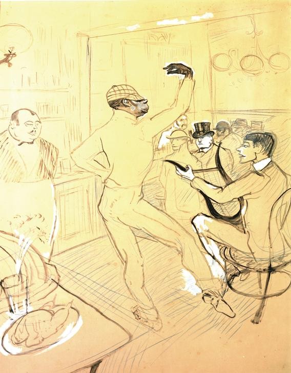 Henri de Toulouse-Lautrec, Chocolat dansant (Gastronomie,Kunst,Mann,Saiteninstrument,Tänzer,Tanz,Variete (Entertainment),Gastwirt,Gestik,Französische Kunst,Schiebermütze,Innenansicht,Jahrhundertwende,Rhythmik,Schwarzer,Farbiger,Lyra,Vergnügungslokal)