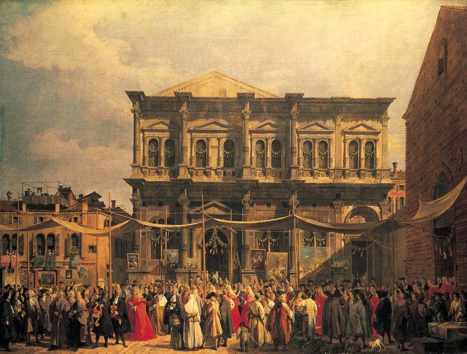 Giovanni Antonio Canaletto, Visita del Dux a Iglesia San Rocco (Städte, Venedig, Vedute, Architektur, Fest, Doge, Herzog, Menschenmenge, Kirche San Rocco, Barock, Klassiker, Wunschgröße, Wohnzimmer)