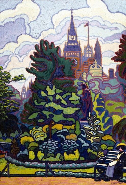 Charles Ginner, Victoria Embankment Gardens (Garten, Park, Bank, sitzende Frau, England, Houses of Parliaments, Blumen, Postimpressionismus, Wunschgröße, Wohnzimmer)
