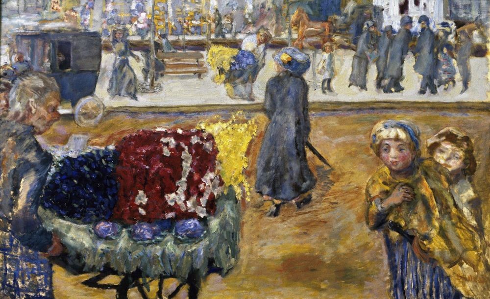 Pierre Bonnard, Abend in Paris (Kunst,Strassenhandel,Strassenszene,Szene,Tageszeiten,Abend,Impressionismus,Grossstadt,Französische Kunst,Fussgänger,Blumenverkäuferin,Jahrhundertwende,Passant)