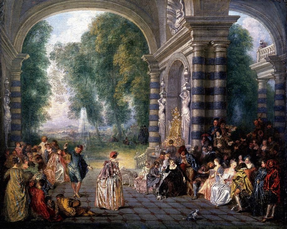 Jean-Antoine Watteau, Los placeres del baile (Architektur, Bögen, Säulen, Park, Garten, menschen, Fest, Tanz, Aristokratie, Adel,  Rokoko, Wohnzimmer, Klassiker,  Wunschgröße)