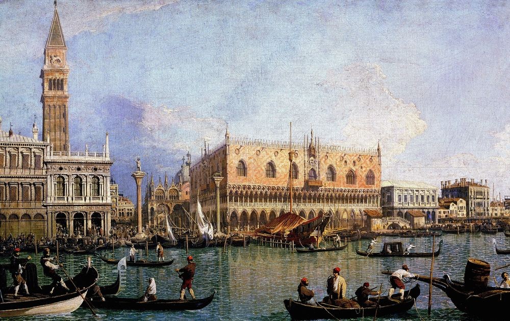 Giovanni Antonio Canaletto, La Mole vista desde San Marco (Städte, Venedig, Vedute, Architektur, Campanile, Glockenturm, Lagune, Gondeln, Dogenpalast, Barock, Klassiker, Wunschgröße, Wohnzimmer)