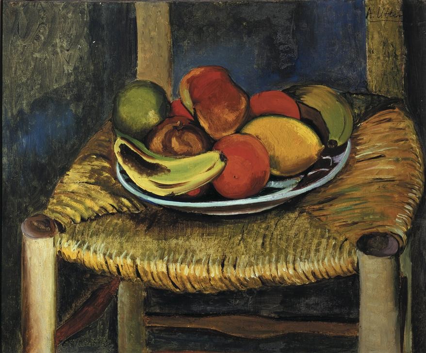 Andre Utter, Stillleben (Stilleben, Stuhl Obst, Obstschale, Früchte, Klassische Moderne, gemäßigter Expressionismus, Wunschgröße, Wohnzimmer, Esszimmer)