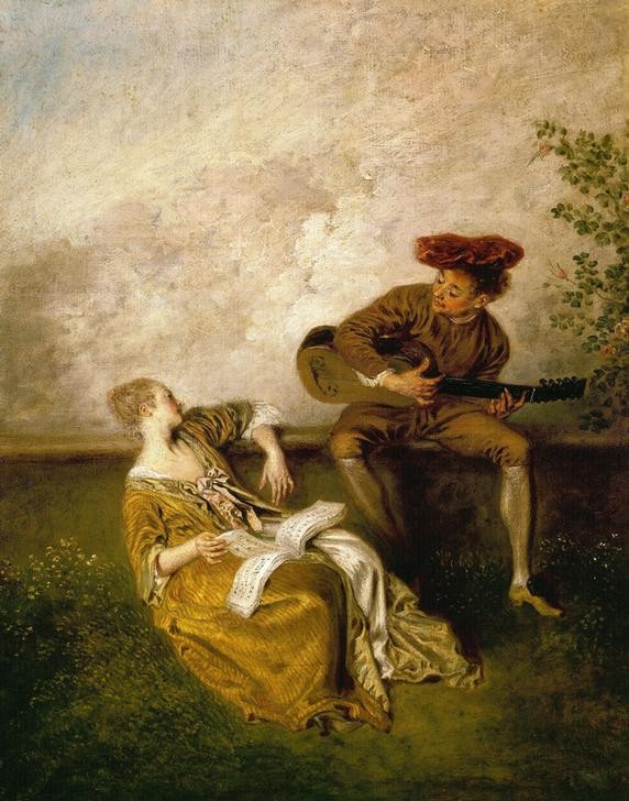 Jean-Antoine Watteau, La lección de canto (Gesang, Musiker, Gitarrenspieler, Gitarre, Liebespaar, Instrument, Unterricht, Gitarrist, Lehrer, Mode, Rokoko, Wohnzimmer,  Klassiker,  Wunschgröße)