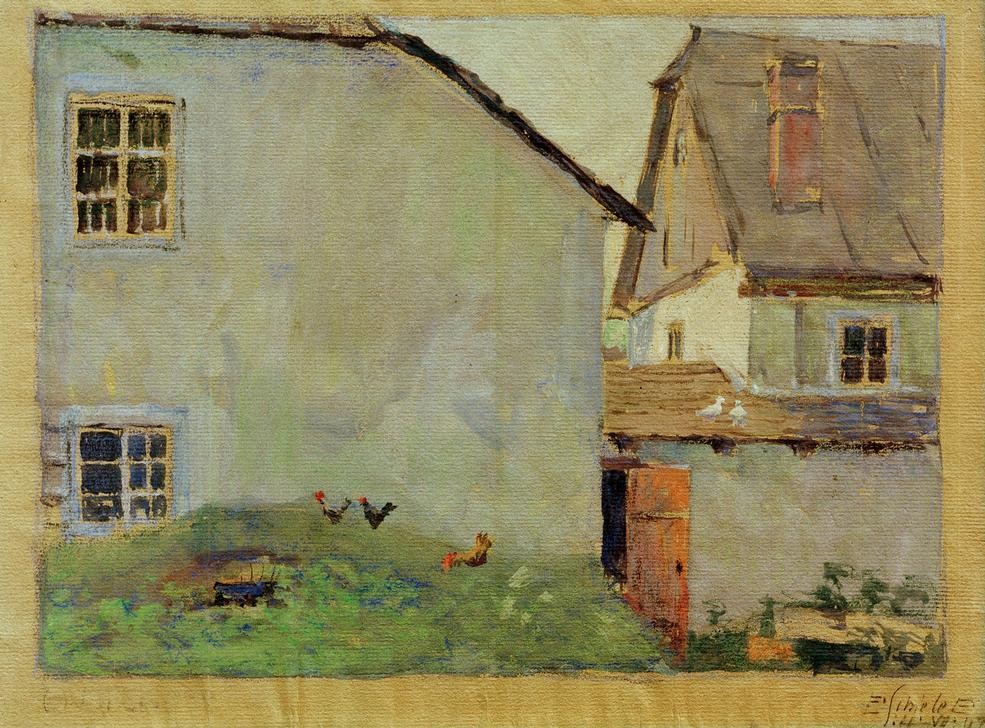 Egon Schiele, Bauernhäuser (Architektur,Bauernhaus,Bauernhof,Dorf,Haus,Kunst,Architekturdarstellung,Österreichische Kunst,Privatsammlung,Landwirtschaft)