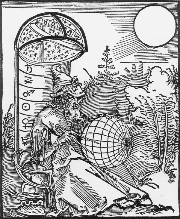 Albrecht Dürer, Der Astrologe (Arbeit,Astrolabium,Astrologie,Deutsche Kunst,Astrologe,Gelehrter,Geräte,Globus,Himmelsglobus,Zirkel,Renaissance,Sitzen,Vermessung,Messgerät)