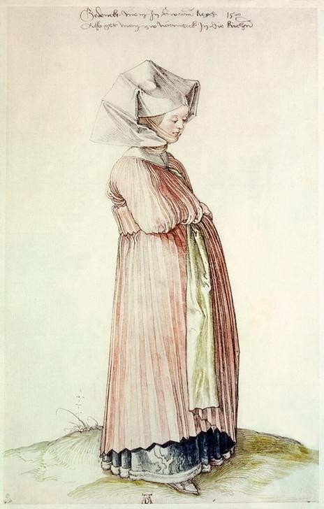 Albrecht Dürer, Nürnbergerin im Kirchenkleid (Damenmode,Deutsche Kunst,Katholische Kirche,Mode,Tracht,Volkskunde,Renaissance,Autograph,Haube,Kirchgang,Land Und Leute)