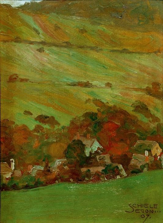 Egon Schiele, Häuser vor Bergabhang (Dorf,Herbst,Jahreszeiten,Kunst,Landschaft,Österreichische Kunst,Berg)