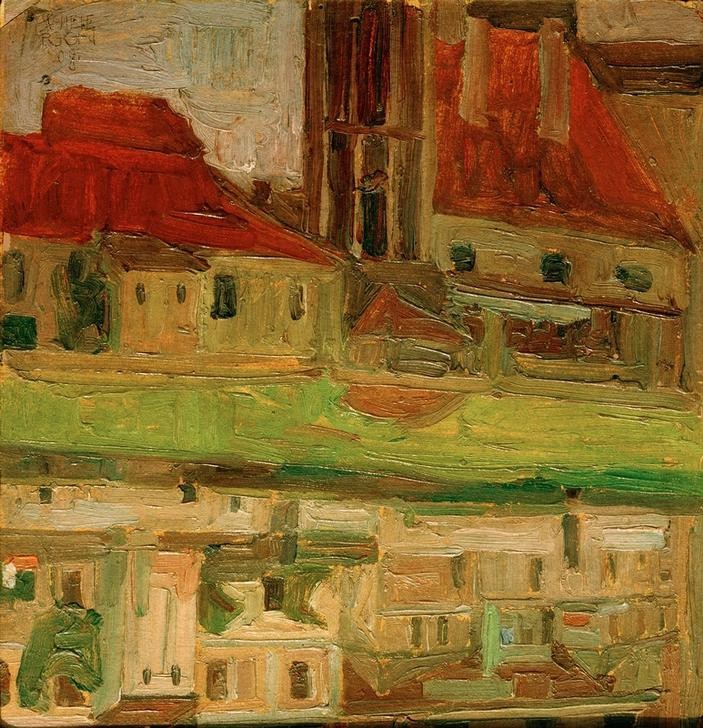 Egon Schiele, Jodokuskirche, sich im Fluß spiegelnd (Krumau) (Architektur,Kirche,Kunst,Fluss,Spiegelung,Architekturdarstellung,Österreichische Kunst)