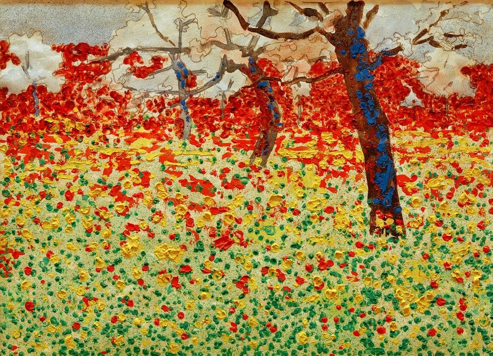 Egon Schiele, Blumenwiese mit Bäumen (Kunst,Landschaft,Sommer,Pointillismus,Wiese,Österreichische Kunst,Blume,Privatsammlung,Farbigkeit)
