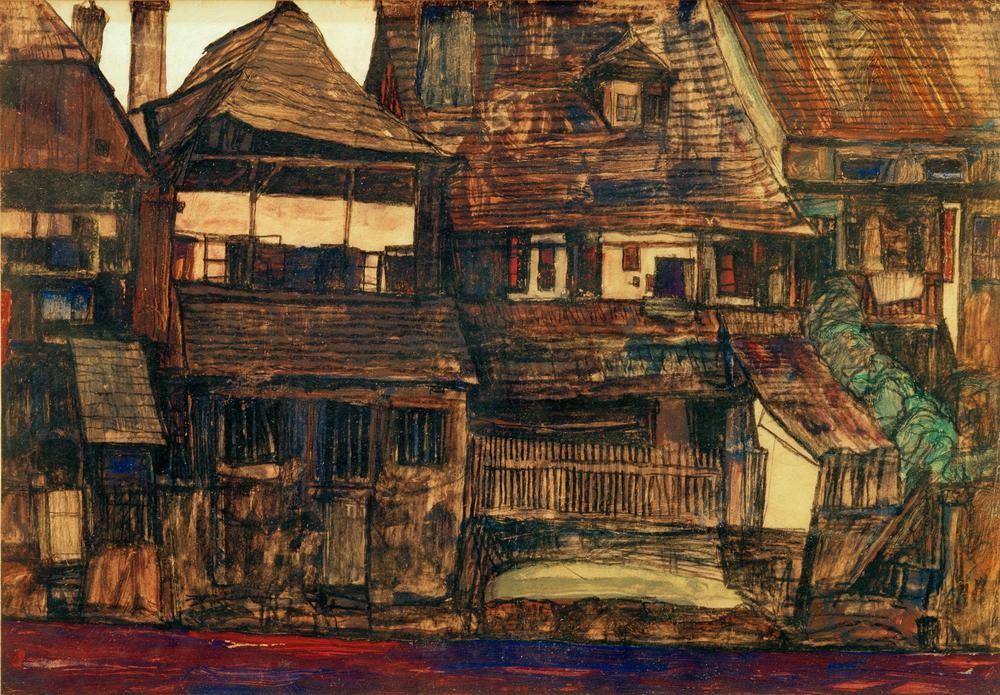 Egon Schiele, Häuser an der Moldau (Krumau) (Architektur,Haus,Kunst,Wohnhaus (Allgemein),Fluss,Expressionismus,Architekturdarstellung,Österreichische Kunst,Privatsammlung)