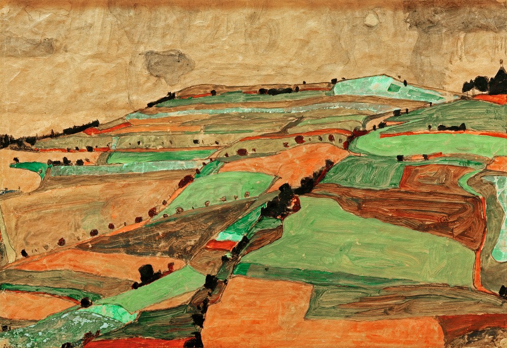 Egon Schiele, Felderlandschaft (Herbst,Jahreszeiten,Kunst,Landschaft,Feld,Österreichische Kunst,Berg)