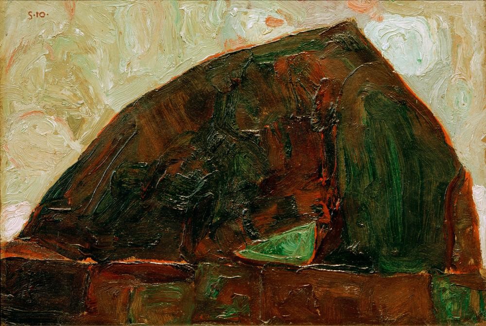 Egon Schiele, Berg am Fluß (Kunst,Landschaft,Fluss,Expressionismus,Österreichische Kunst,Berg,Privatsammlung)