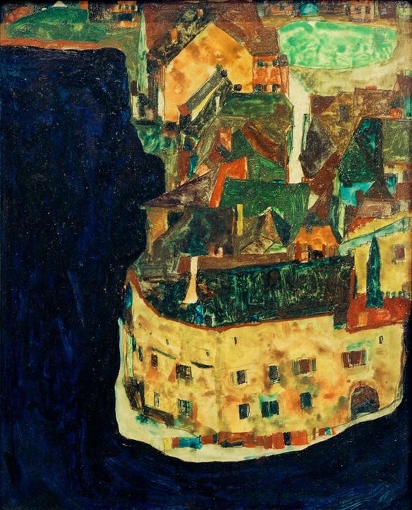 Egon Schiele, Stadt am Blauen Fluß II (Architektur,Kunst,Stadt,Teilansicht,Fluss,Expressionismus,Stadtansicht,Architekturdarstellung,Österreichische Kunst,Privatsammlung)