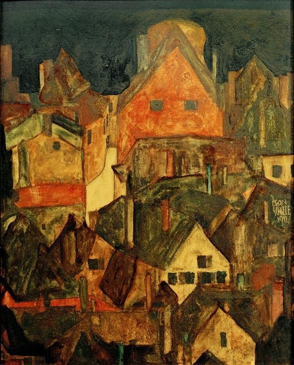 Egon Schiele, Krumau bei Nacht (Architektur,Haus,Kunst,Stadt,Teilansicht,Tageszeiten,Nacht,Expressionismus,Stadtansicht,Architekturdarstellung,Österreichische Kunst,Privatsammlung)