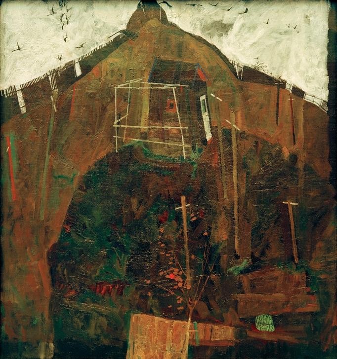 Egon Schiele, Rabenlandschaft (Herbst,Jahreszeiten,Kreuz,Kunst,Landschaft,Vogel,Hütte,Rabe,Allegorie,Expressionismus,Vanitas,Österreichische Kunst,Düster,Berg)