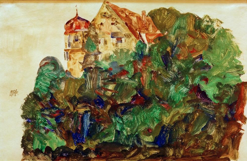 Egon Schiele, Deuring-Schlößchen (Architektur,Kunst,Schloss,Turm,Expressionismus,Architekturdarstellung,Österreichische Kunst,Aussenansicht)