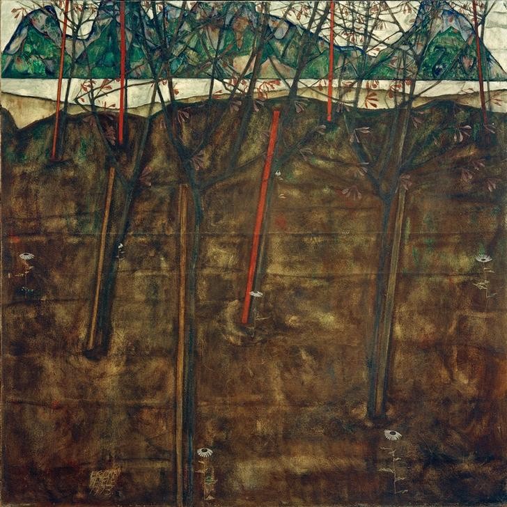 Egon Schiele, Vorfrühlingslandschaft (Jahreszeiten,Kunst,Landschaft,Fluss,Baum,Expressionismus,Österreichische Kunst,Vorfrühling,Berg)