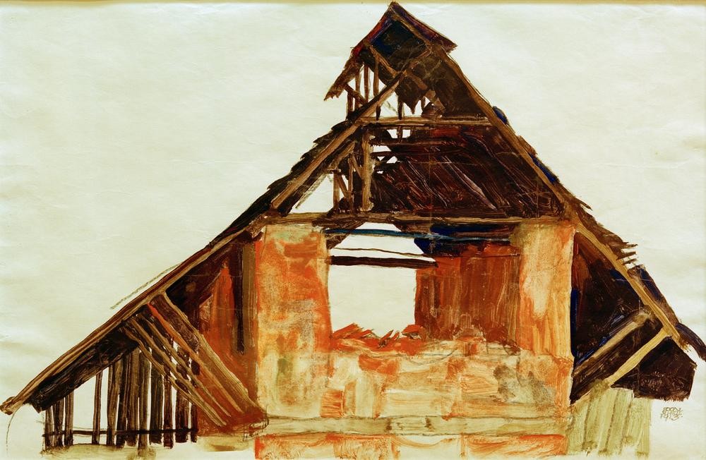 Egon Schiele, Alter Giebel (Architektur,Dach,Kunst,Ruine,Giebel,Expressionismus,Architekturdarstellung,Österreichische Kunst,Baufälligkeit,Gebälk,Verwitterung,Verfall,Zerfall,Schlechter Baulicher Zustand,Dachstuhl)