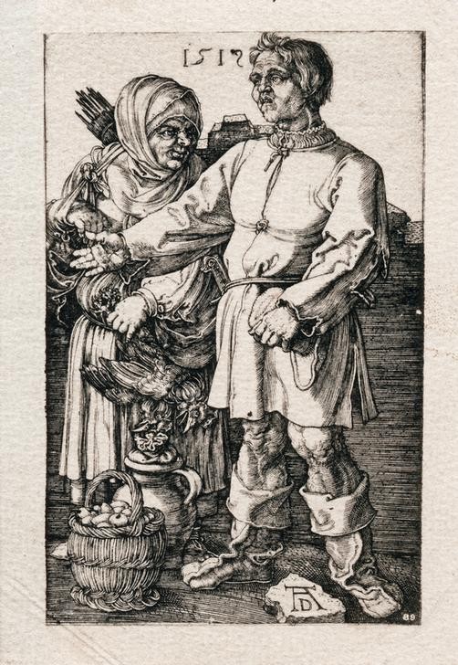 Albrecht Dürer, Die Marktbauern (Armut,Bauer (Landwirt),Deutsche Kunst,Ehepaar,Frau,Mann,Markt,Obst,Strassenhandel,Renaissance,Portrait,Stiefel,Geflügel,Bäuerin,Korb,Paar,Kleidung (Allgemein),Doppelportrait,Ganzfigurig,Obstkorb,Stulpen,Kleidung (Zerrissene),Kopftuch,Krug)