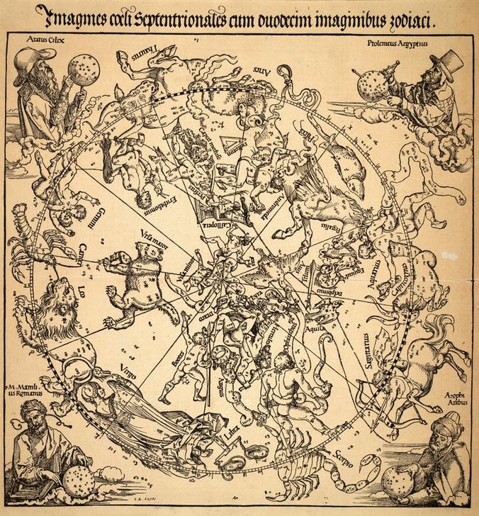 Albrecht Dürer, Die nördliche Himmelskugel (Astrologie,Astronomie,Deutsche Kunst,Himmelsdarstellung,Tierkreis,Renaissance,Tierkreiszeichen,Hemisphäre,Sternbild,Norden)
