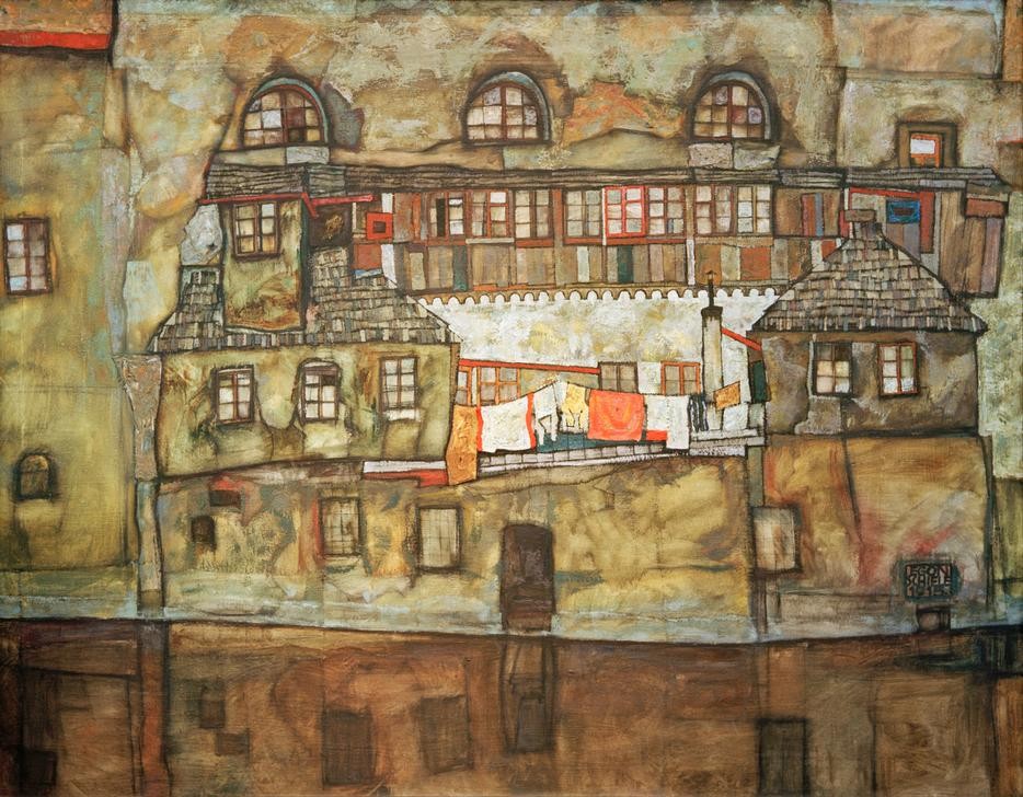 Egon Schiele, Hauswand am Fluß (Altstadt,Architektur,Gewässer,Haus,Kunst,Wohnhaus (Allgemein),Fassade,Fluss,Expressionismus,Architekturdarstellung,Österreichische Kunst,Wäsche,Wäscheleine)