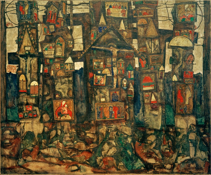 Egon Schiele, Waldandacht (Bildstock,Christentum,Katholische Kirche,Kirche,Kultgegenstand,Kunst,Landschaft,Religion,Expressionismus,Österreichische Kunst,Andachtsbild)